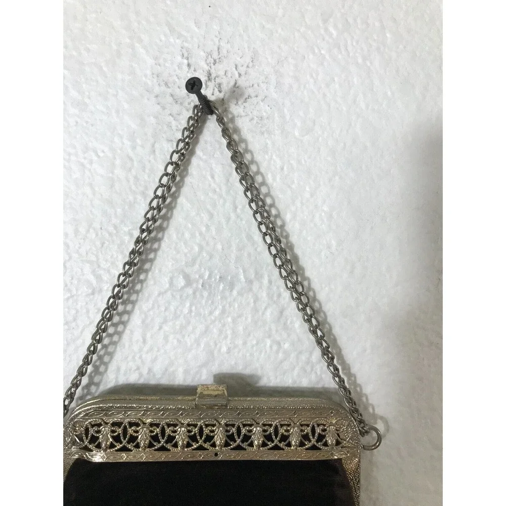 Vintage Art Deco Brown Velvet Purse With Bronze‎ Gold Plated Frame Antique